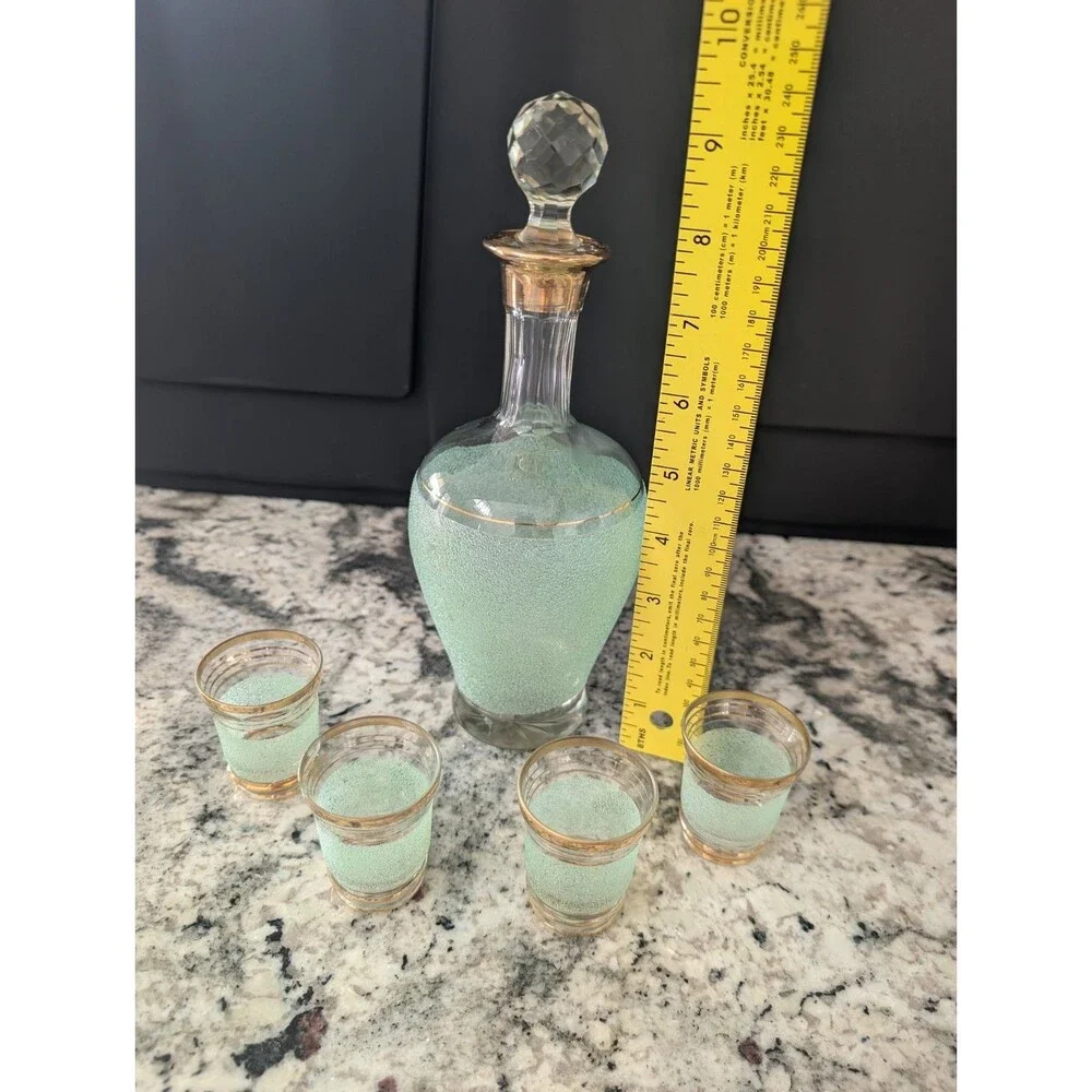 Vintage USSR Red Giant Green Sand Decanter 4 Shot Glasses Soviet Glass Set